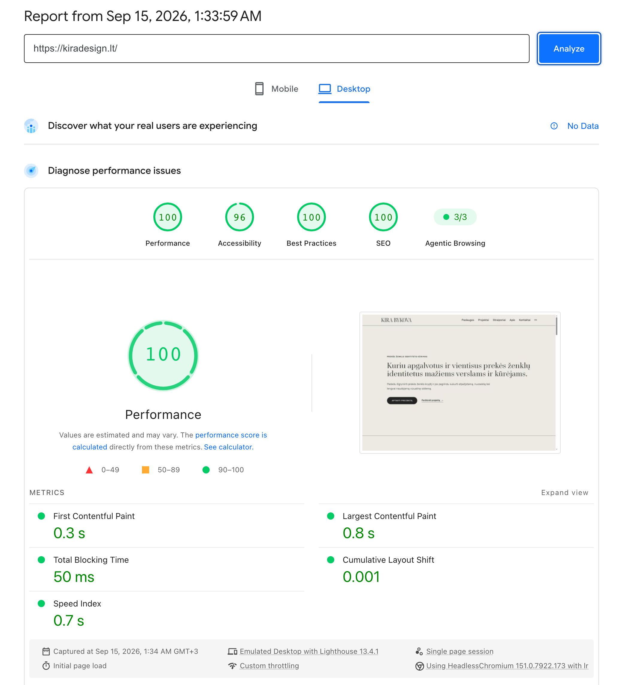 Google PageSpeed Insights desktop report for the Kira Design website.