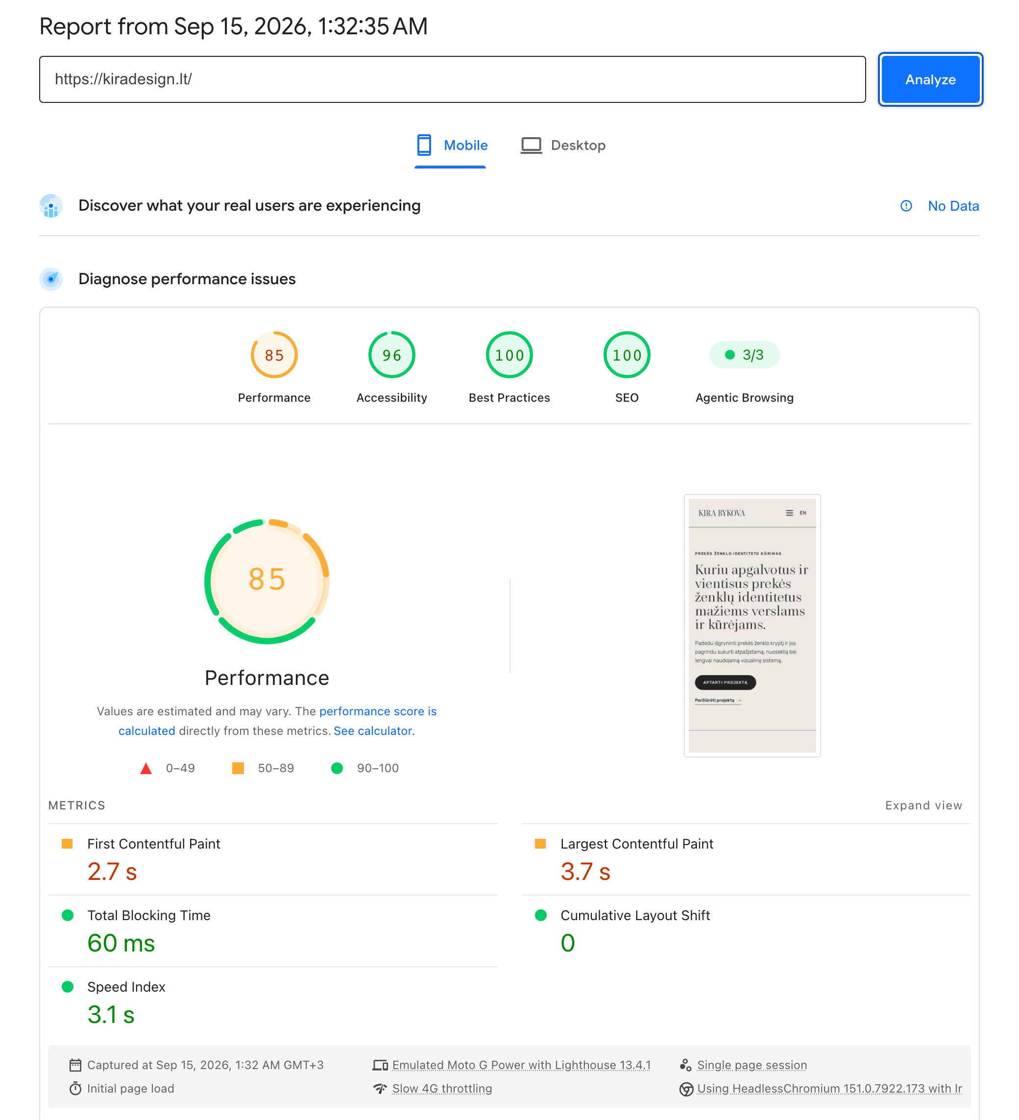 Google PageSpeed Insights mobile report for the Kira Design website.